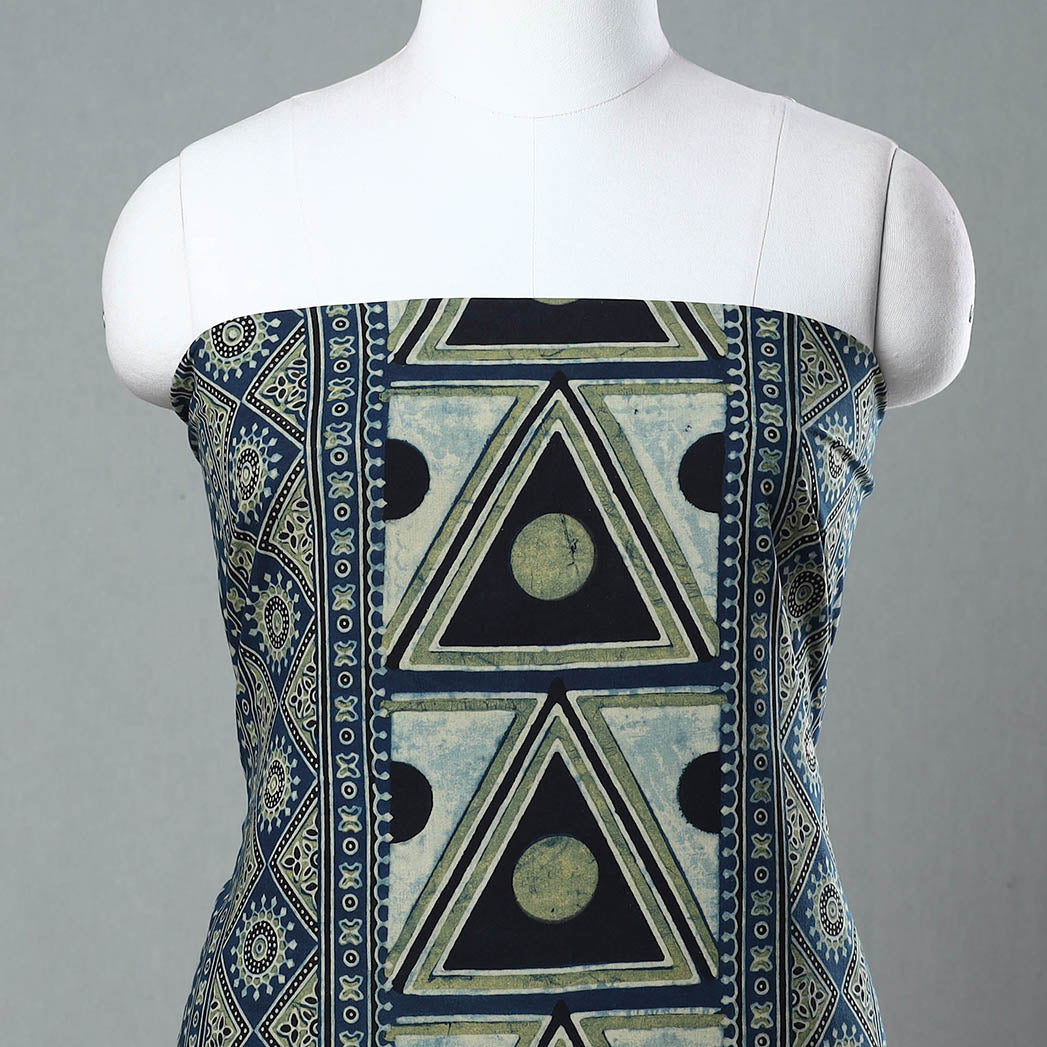 Blue - Ajrakh Block Printed Cotton Kurta Material - 3 meter