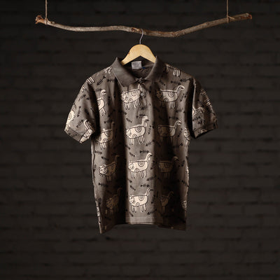 Brown - Bindaas Block Art Printed Cotton Unisex Polo Collar T-shirt 69