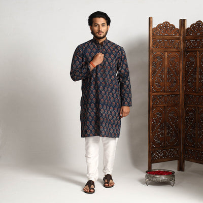 Blue - Ajrakh Block Printed Cotton Men Long Kurta