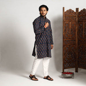 Blue - Ajrakh Block Printed Cotton Men Long Kurta