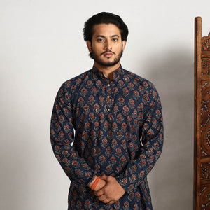 Blue - Ajrakh Block Printed Cotton Men Long Kurta