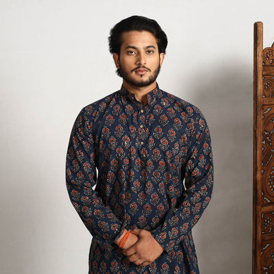 Blue - Ajrakh Block Printed Cotton Men Long Kurta