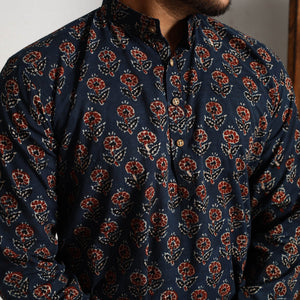 Blue - Ajrakh Block Printed Cotton Men Long Kurta