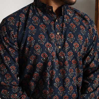 Blue - Ajrakh Block Printed Cotton Men Long Kurta