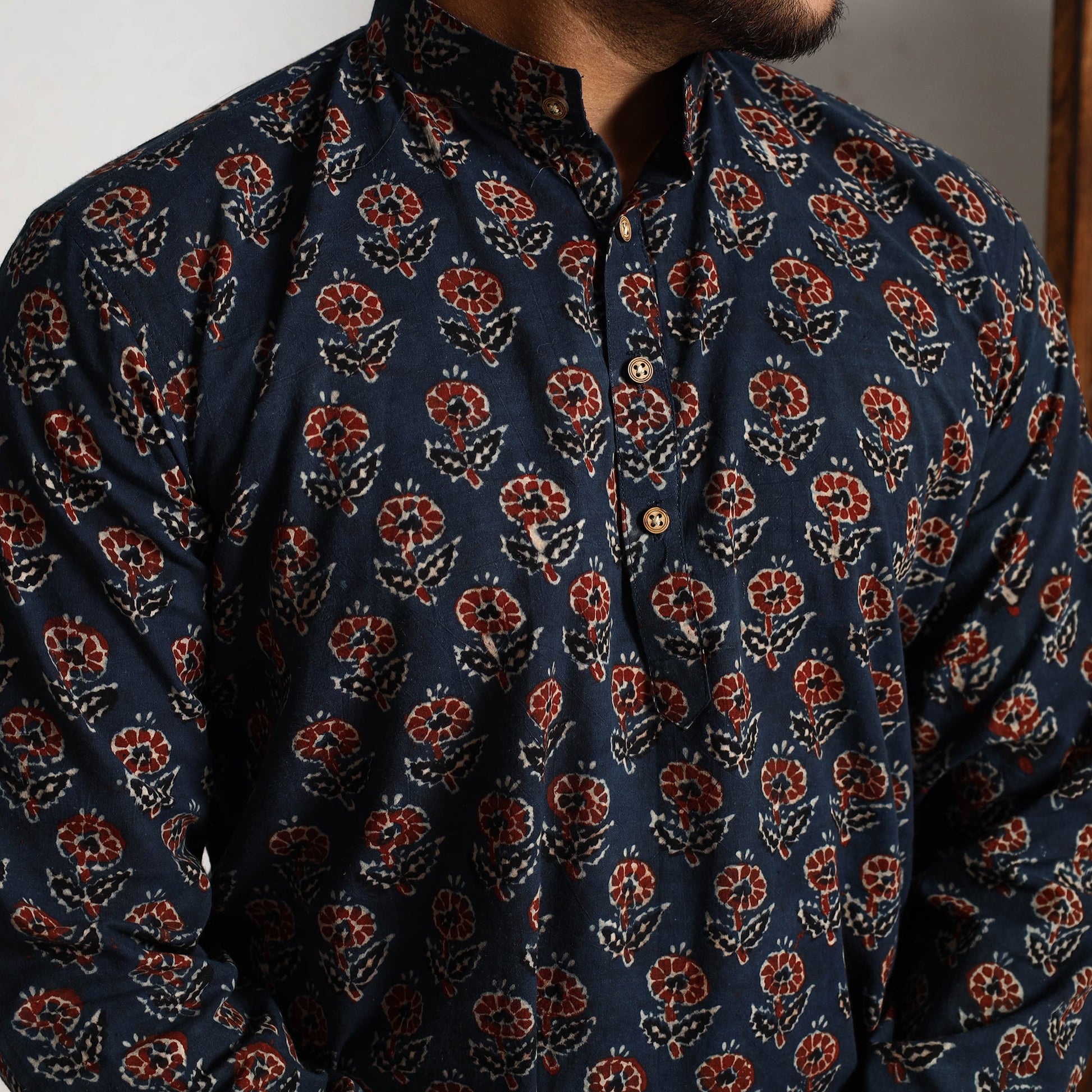 Blue - Ajrakh Block Printed Cotton Men Long Kurta