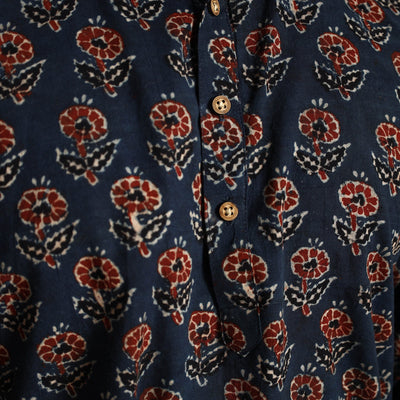 Blue - Ajrakh Block Printed Cotton Men Long Kurta