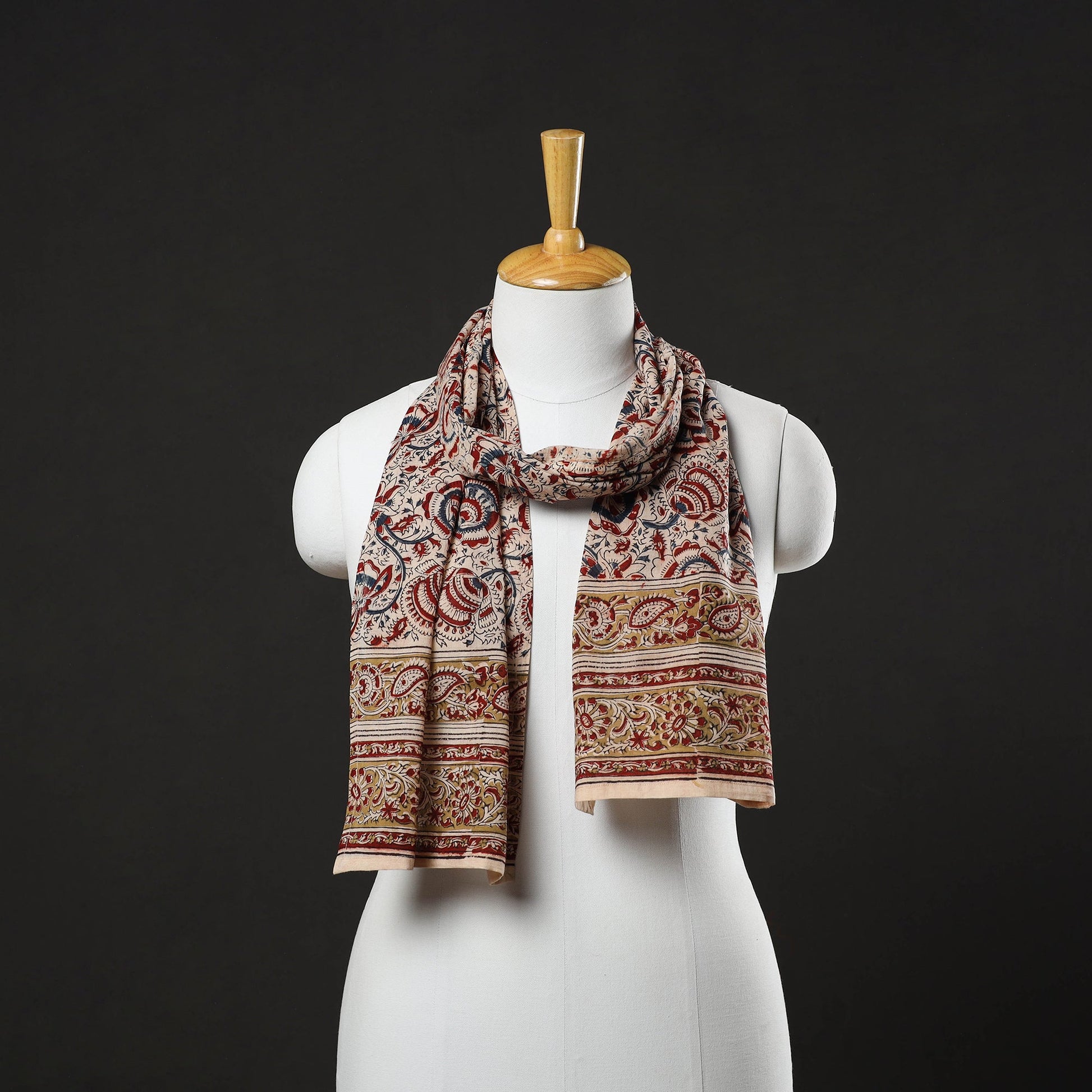 Beige - Pedana Block Print Natural Dyed Cotton Kalamkari Stole 16