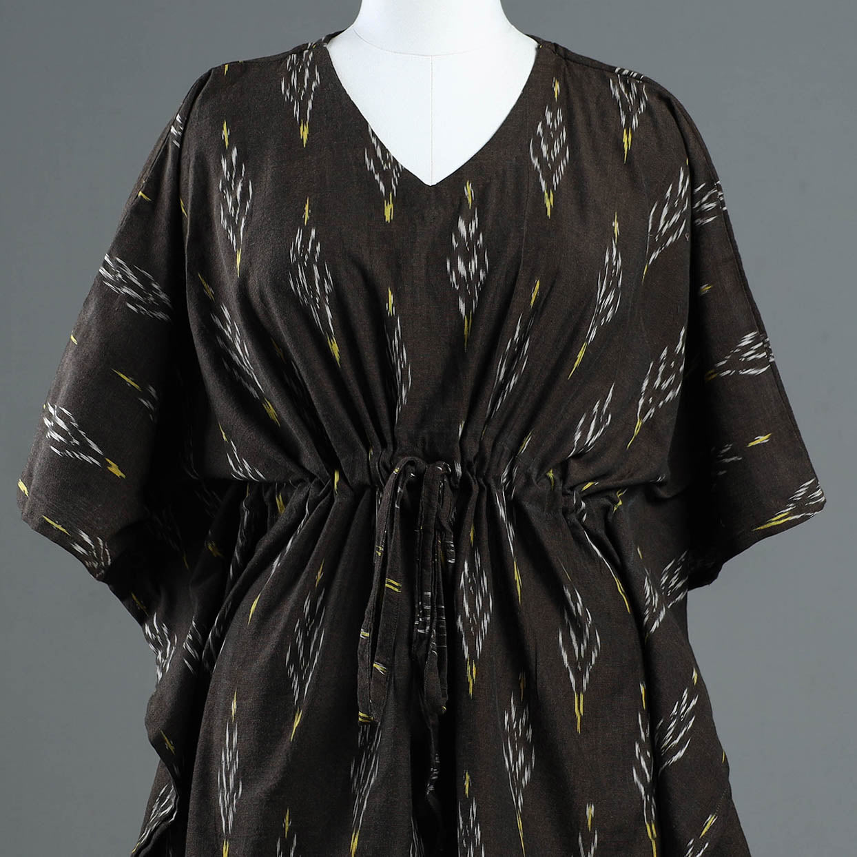 Brown - Pochampally Ikat Cotton Kaftan with Tie-Up Waist (Short)
