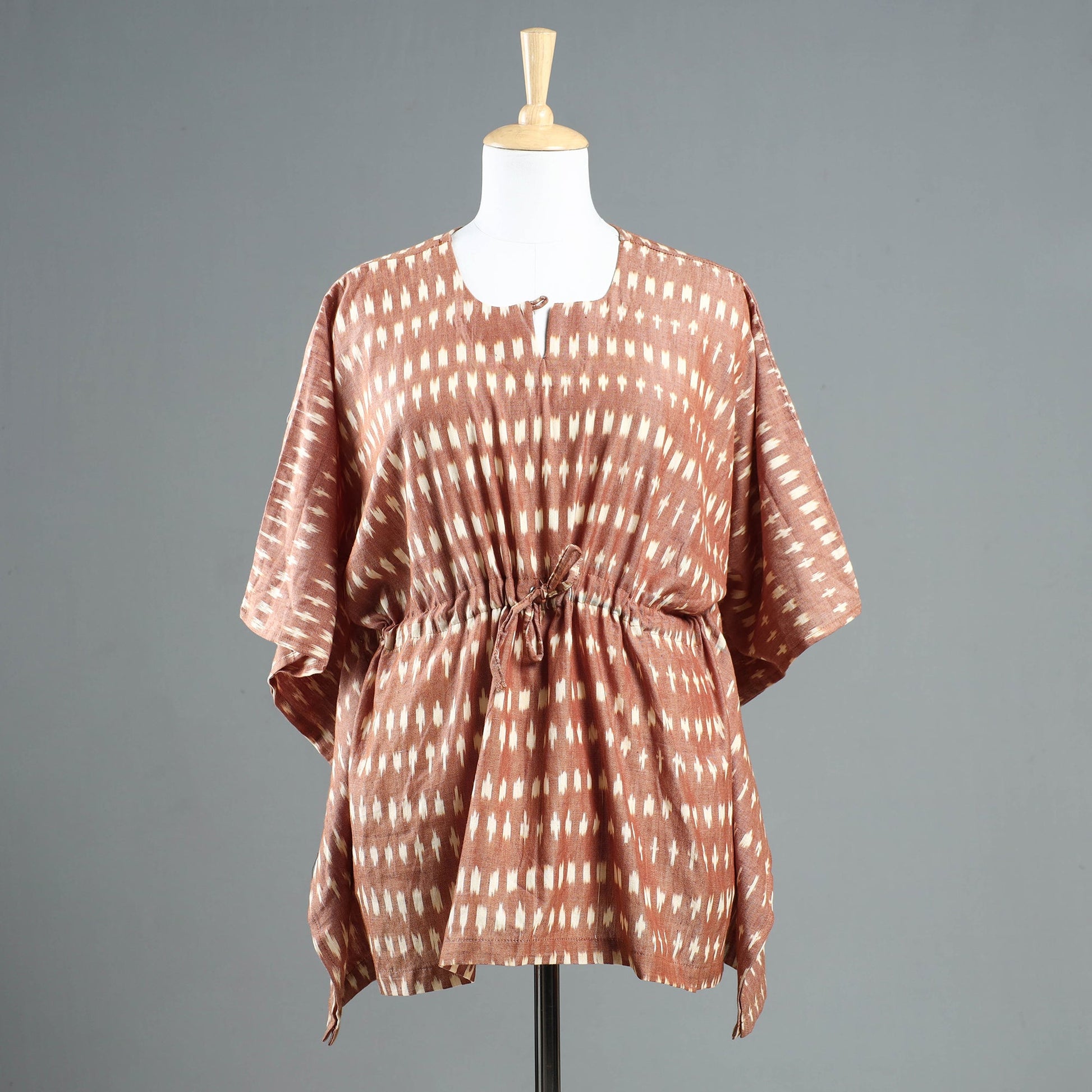 Brown - Pochampally Ikat Cotton Kaftan with Tie-Up Waist (Short)