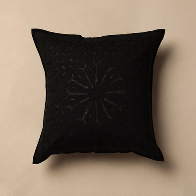 Black - Cutwork Cotton Applique Cushion Cover (16 x 16 in)