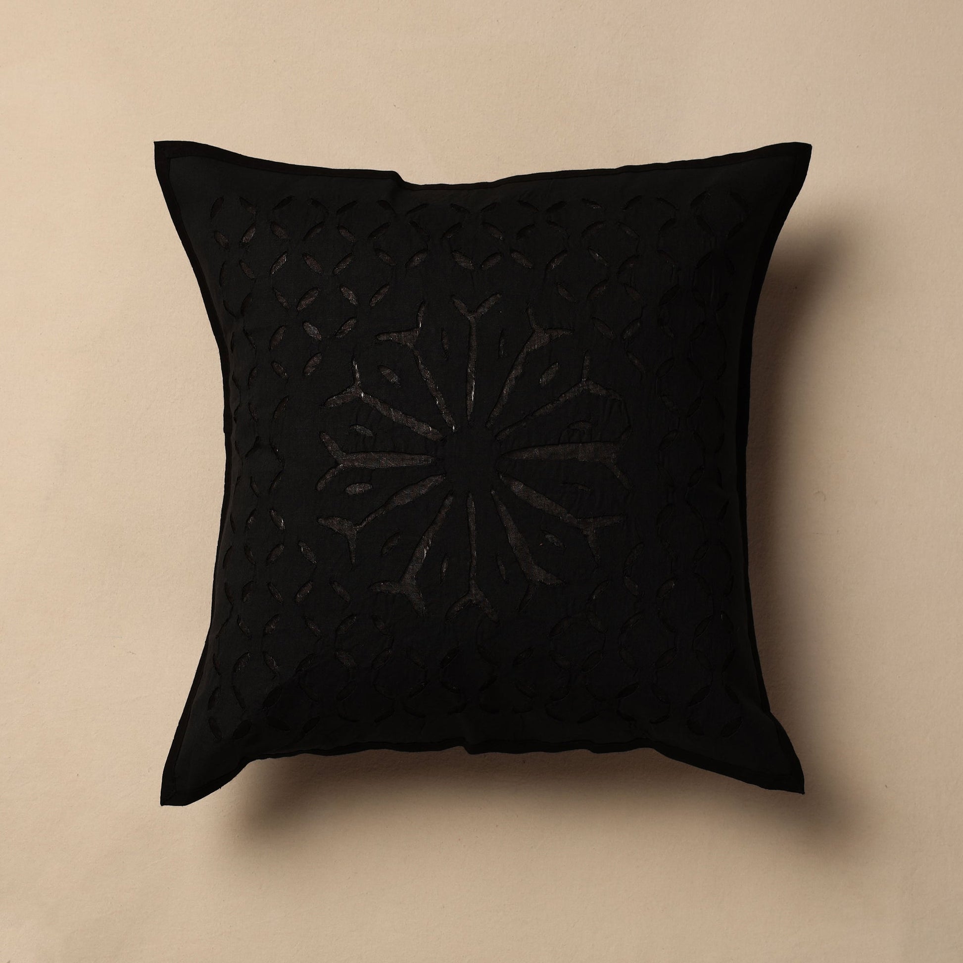 Black - Cutwork Cotton Applique Cushion Cover (16 x 16 in)