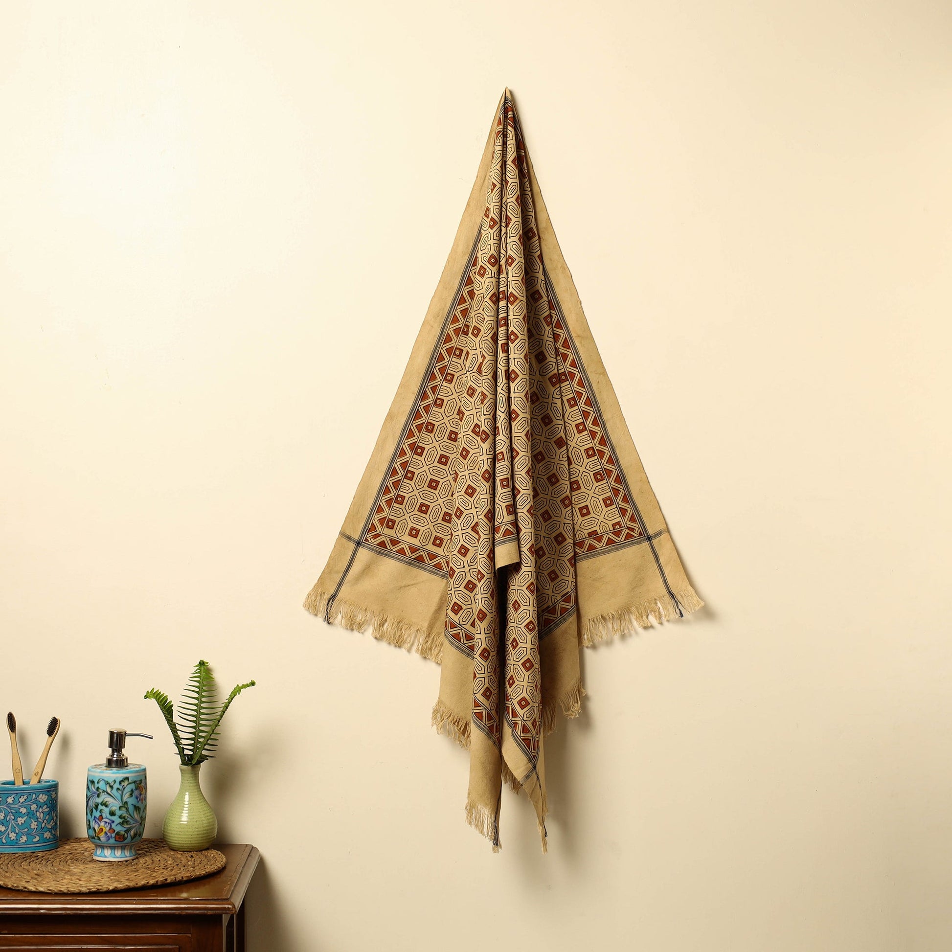 Beige - Pedana Kalamkari Block Printed Cotton Handloom Towel 22