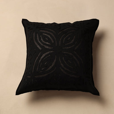 Black - Cutwork Cotton Applique Cushion Cover (16 x 16 in)