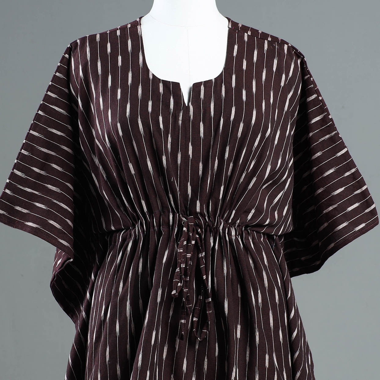 Brown - Pochampally Ikat Cotton Kaftan with Tie-Up Waist (Short)
