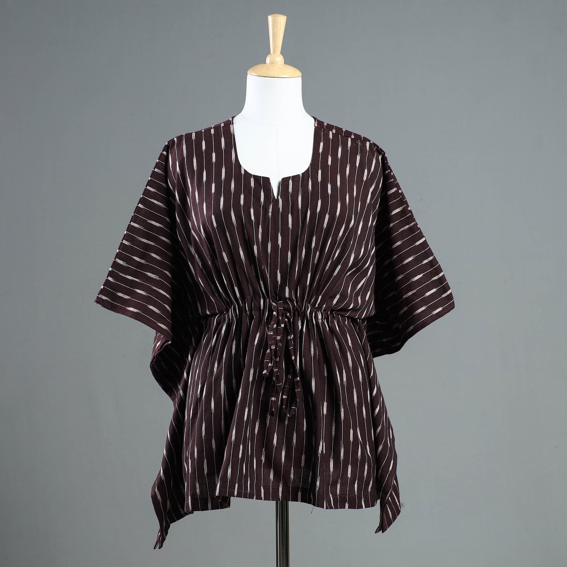 Brown - Pochampally Ikat Cotton Kaftan with Tie-Up Waist (Short)