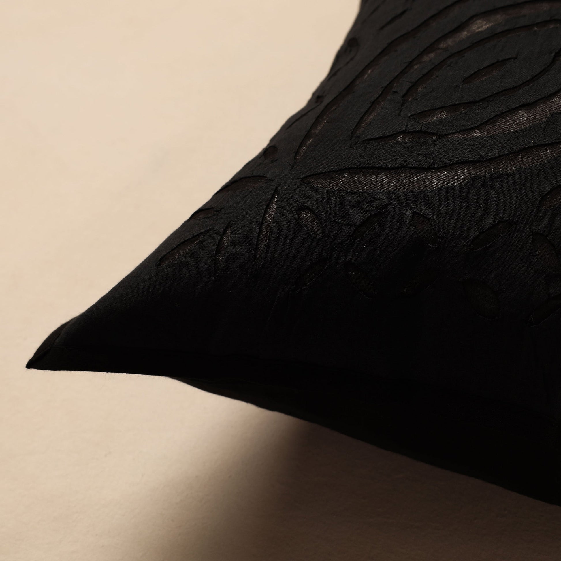 Black - Cutwork Cotton Applique Cushion Cover (16 x 16 in)