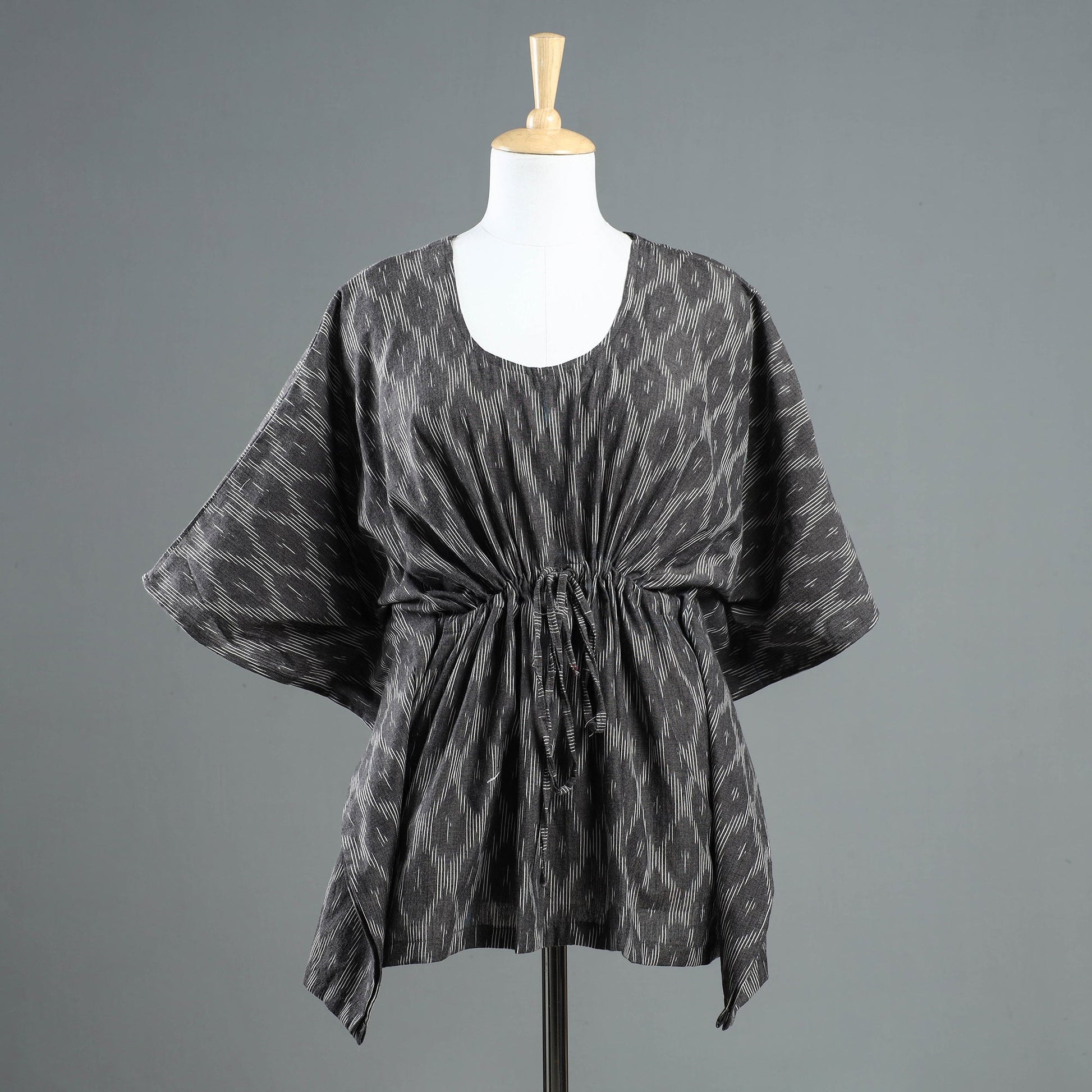 Black - Pochampally Ikat Cotton Kaftan with Tie-Up Waist (Short)
