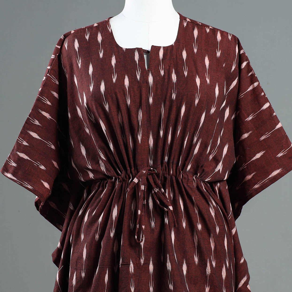 Brown - Pochampally Ikat Cotton Kaftan with Tie-Up Waist (Short)