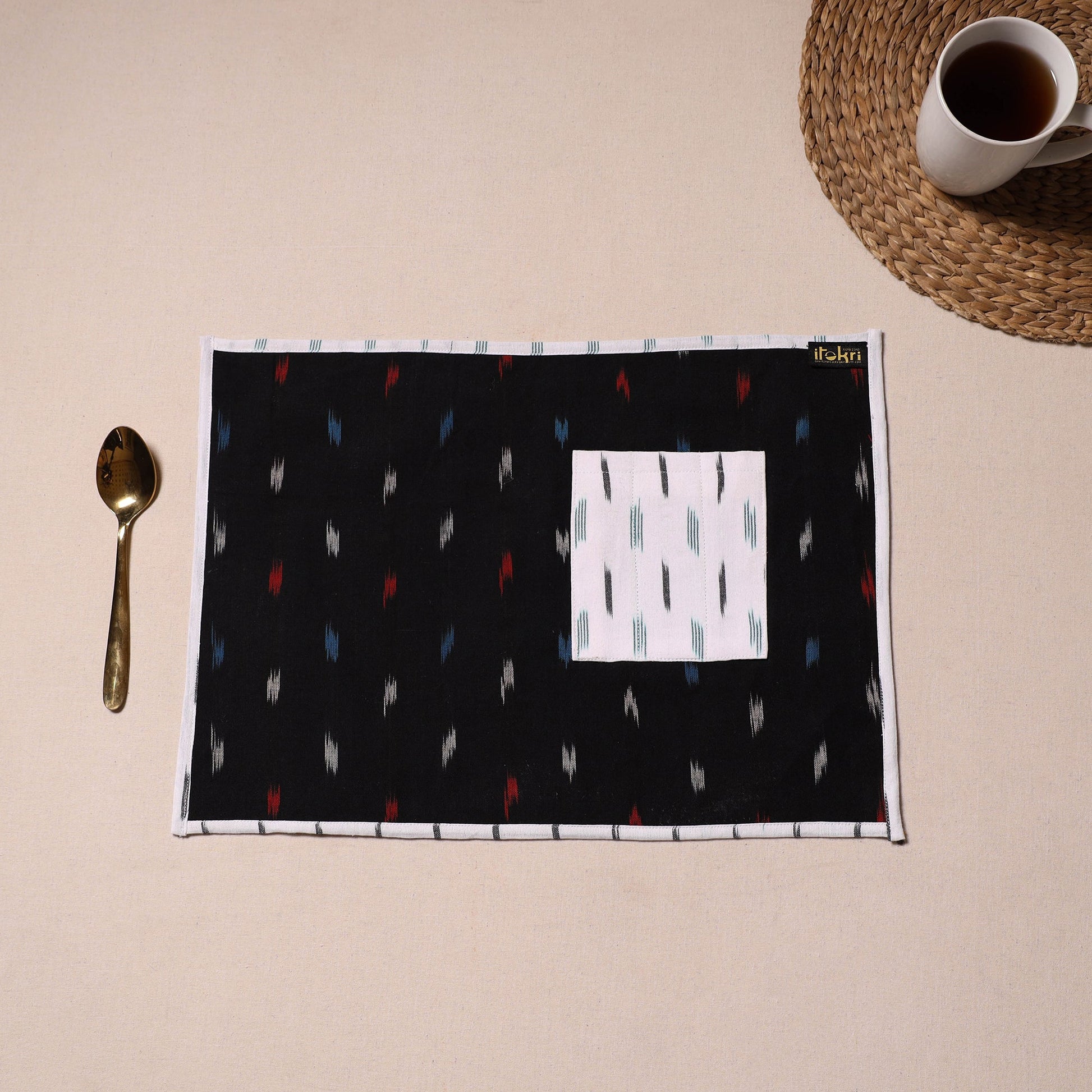 Black - Ikat Cotton Table Mat With Pocket 05