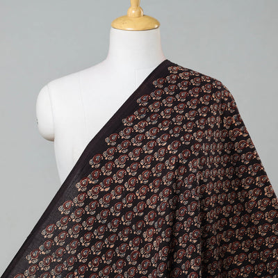 Black - Tiny Leafy Paisley Ajrakh Block Printed Cotton Fabric