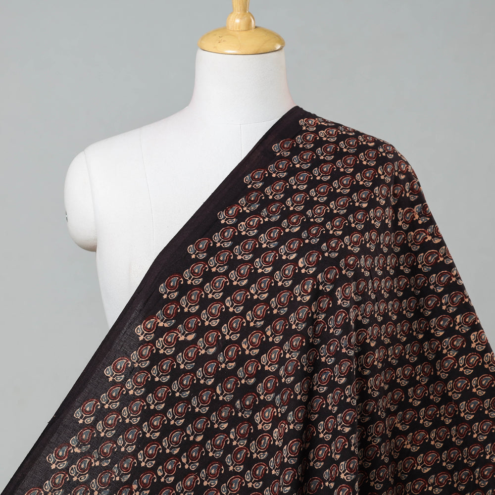 Black - Tiny Leafy Paisley Ajrakh Block Printed Cotton Fabric