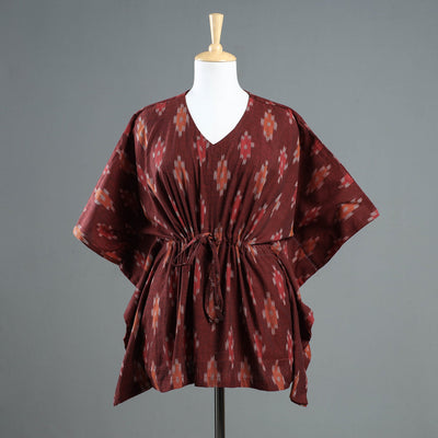 Brown - Pochampally Ikat Cotton Kaftan with Tie-Up Waist (Short)