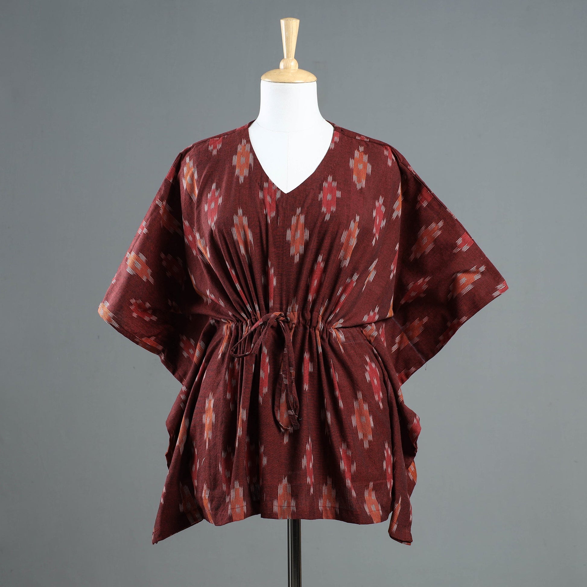 Brown - Pochampally Ikat Cotton Kaftan with Tie-Up Waist (Short)