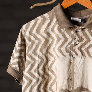 Brown - Bindaas Natural Dyed Art Block Print Polo Collar T-shirt in Pure Cotton