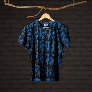 Blue - Bindaas Block Art Printed Cotton Round Neck T-shirt
