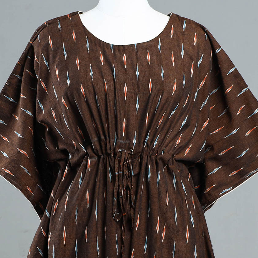 Brown - Pochampally Ikat Cotton Kaftan with Tie-Up Waist (Medium)
