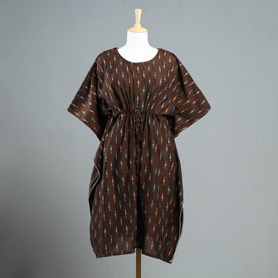 Brown - Pochampally Ikat Cotton Kaftan with Tie-Up Waist (Medium)