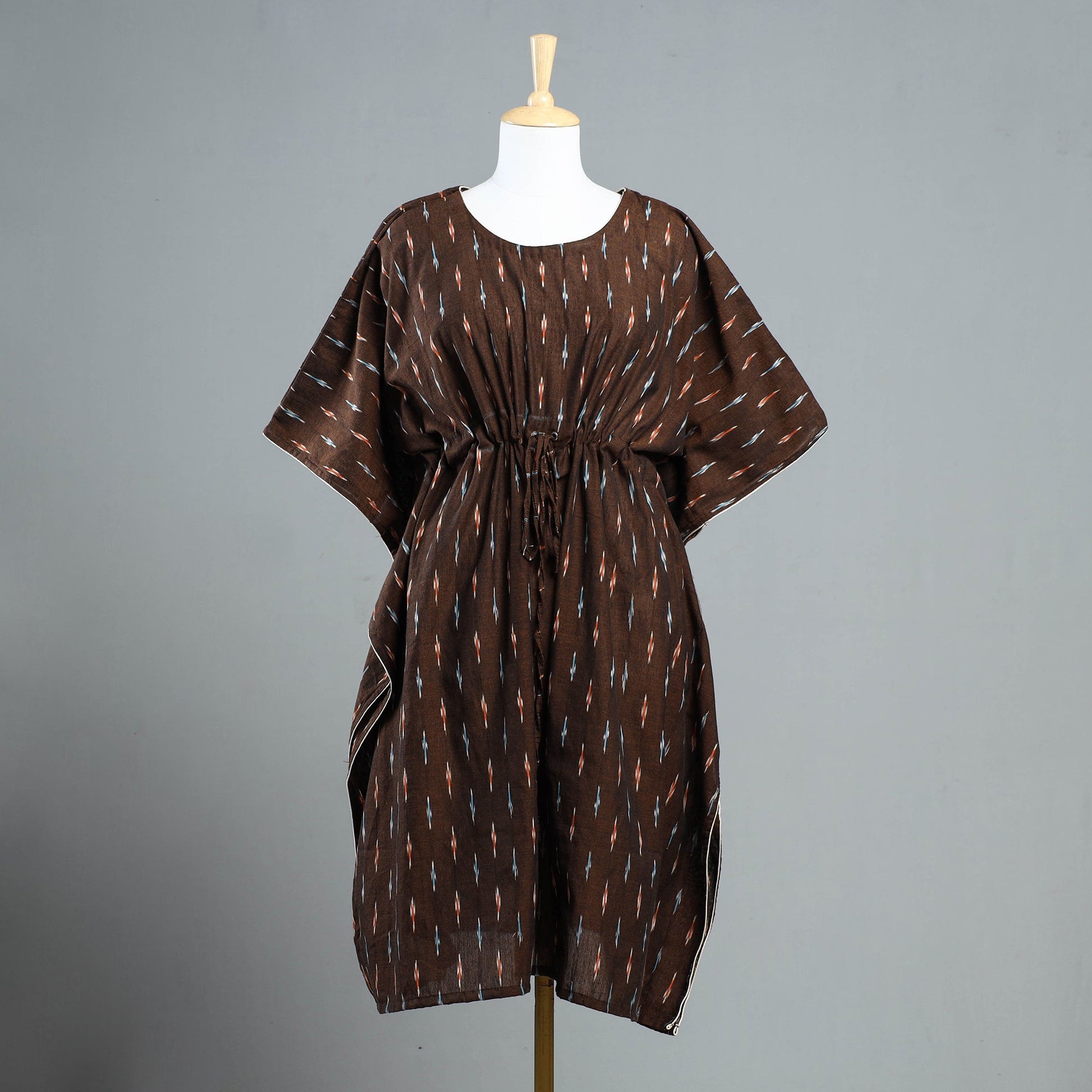 Brown - Pochampally Ikat Cotton Kaftan with Tie-Up Waist (Medium)