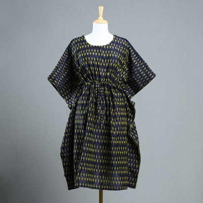Black - Pochampally Ikat Cotton Kaftan with Tie-Up Waist (Medium)