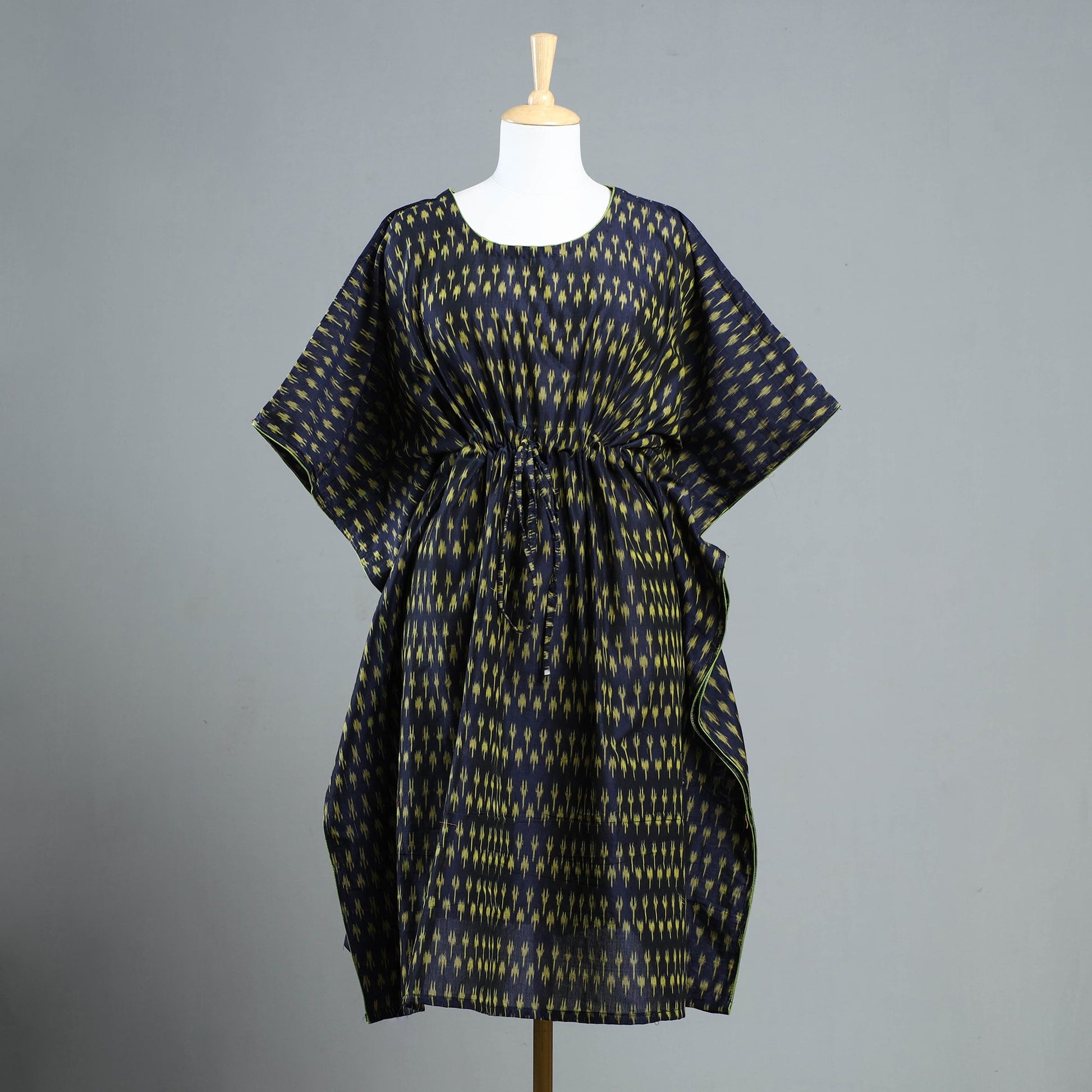 Black - Pochampally Ikat Cotton Kaftan with Tie-Up Waist (Medium)