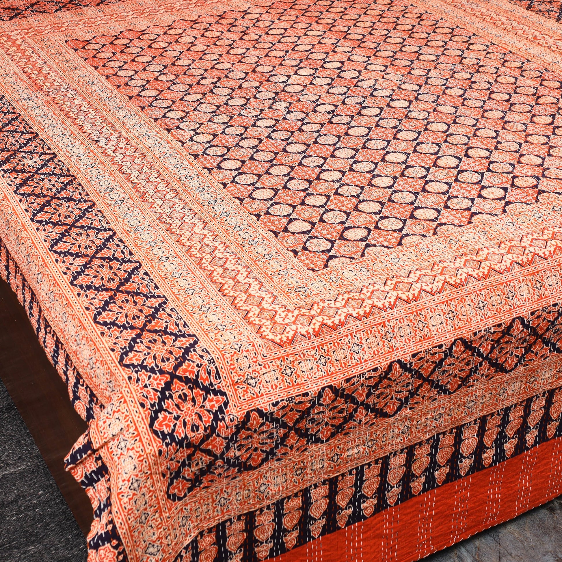 Green - Ajrakh Print Double Tagai Kantha Bed Cover 47      2024/1159-1 47