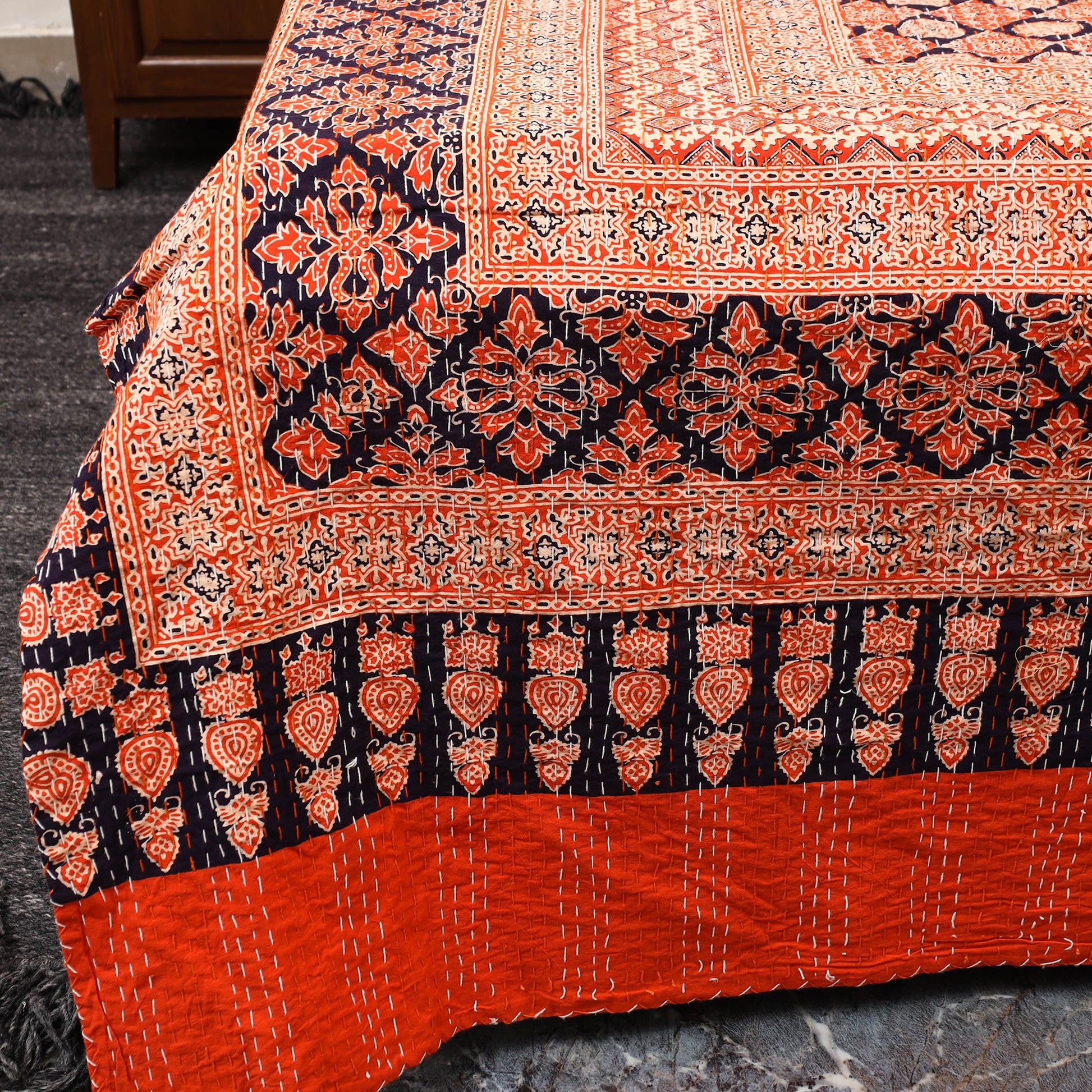 Green - Ajrakh Print Double Tagai Kantha Bed Cover 47      2024/1159-1 47