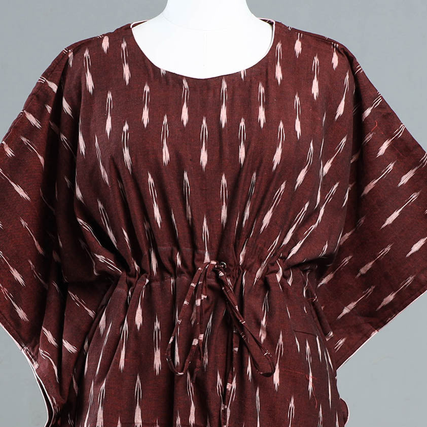 Brown - Pochampally Ikat Cotton Kaftan with Tie-Up Waist (Medium)