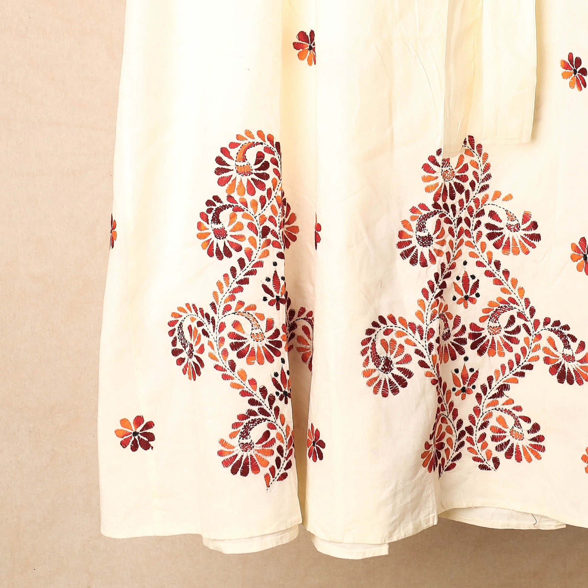 Beige - Bengal Kantha Embroidery Cotton Wrap Around Skirt