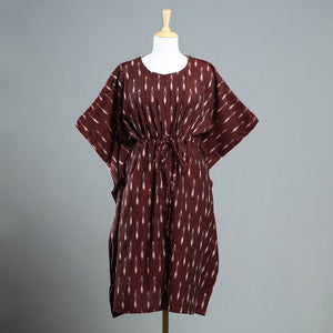 Brown - Pochampally Ikat Cotton Kaftan with Tie-Up Waist (Medium)