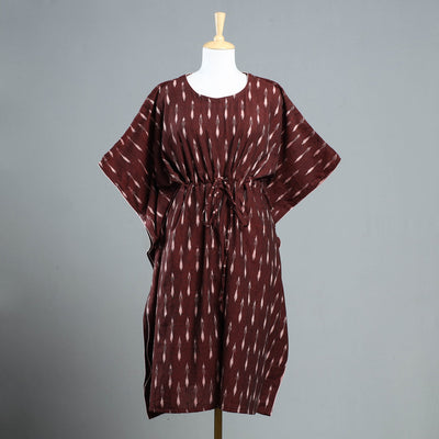 Brown - Pochampally Ikat Cotton Kaftan with Tie-Up Waist (Medium)