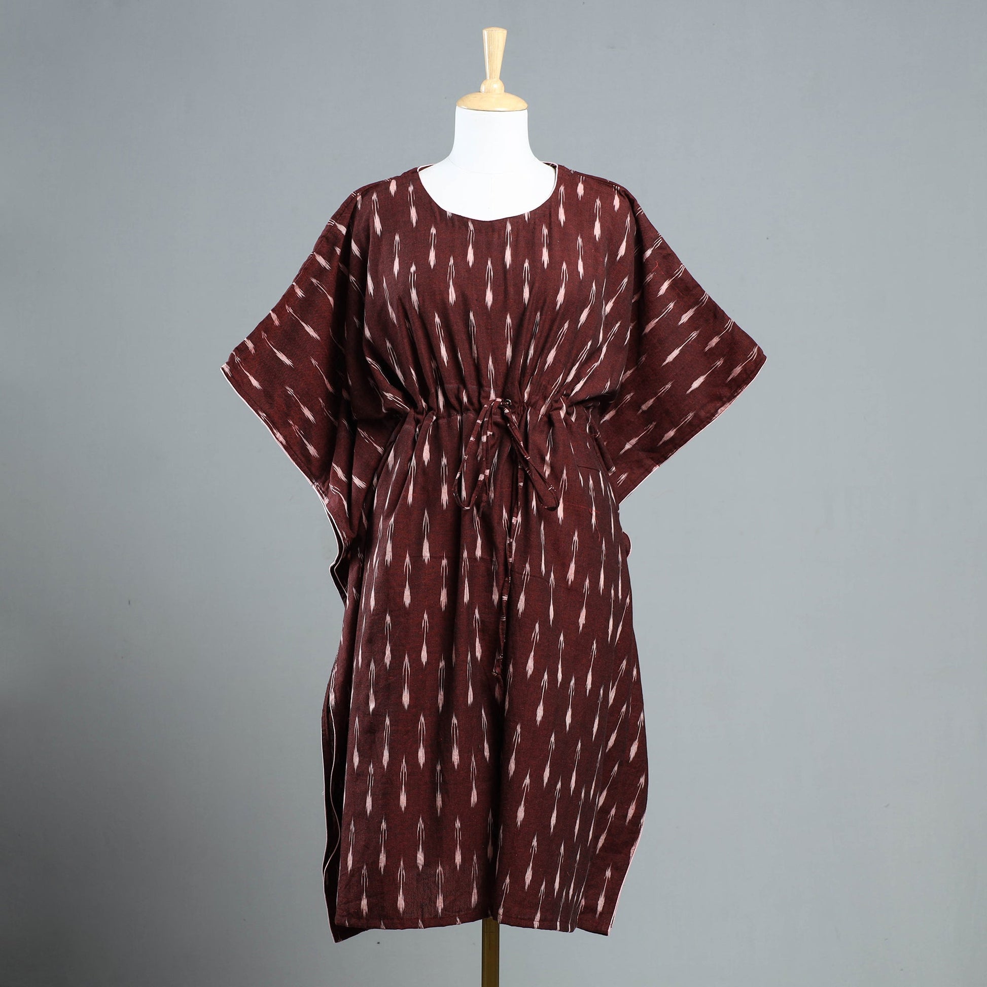 Brown - Pochampally Ikat Cotton Kaftan with Tie-Up Waist (Medium)