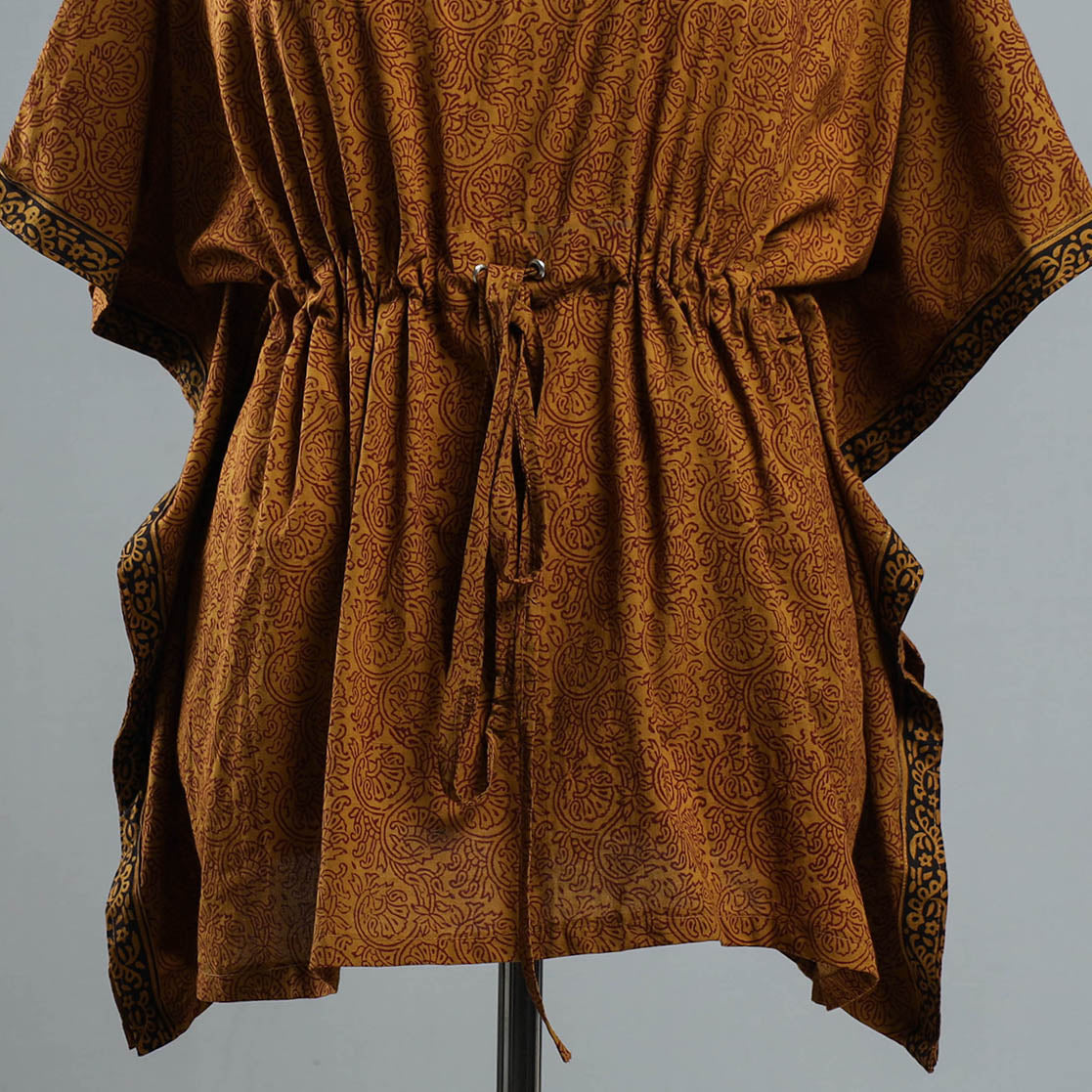 Brown - Bagh Block Printed Cotton Kaftan with Tie-Up Waist (Short)