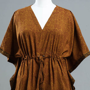 Brown - Bagh Block Printed Cotton Kaftan with Tie-Up Waist (Short)