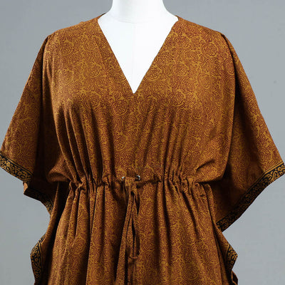 Brown - Bagh Block Printed Cotton Kaftan with Tie-Up Waist (Short)