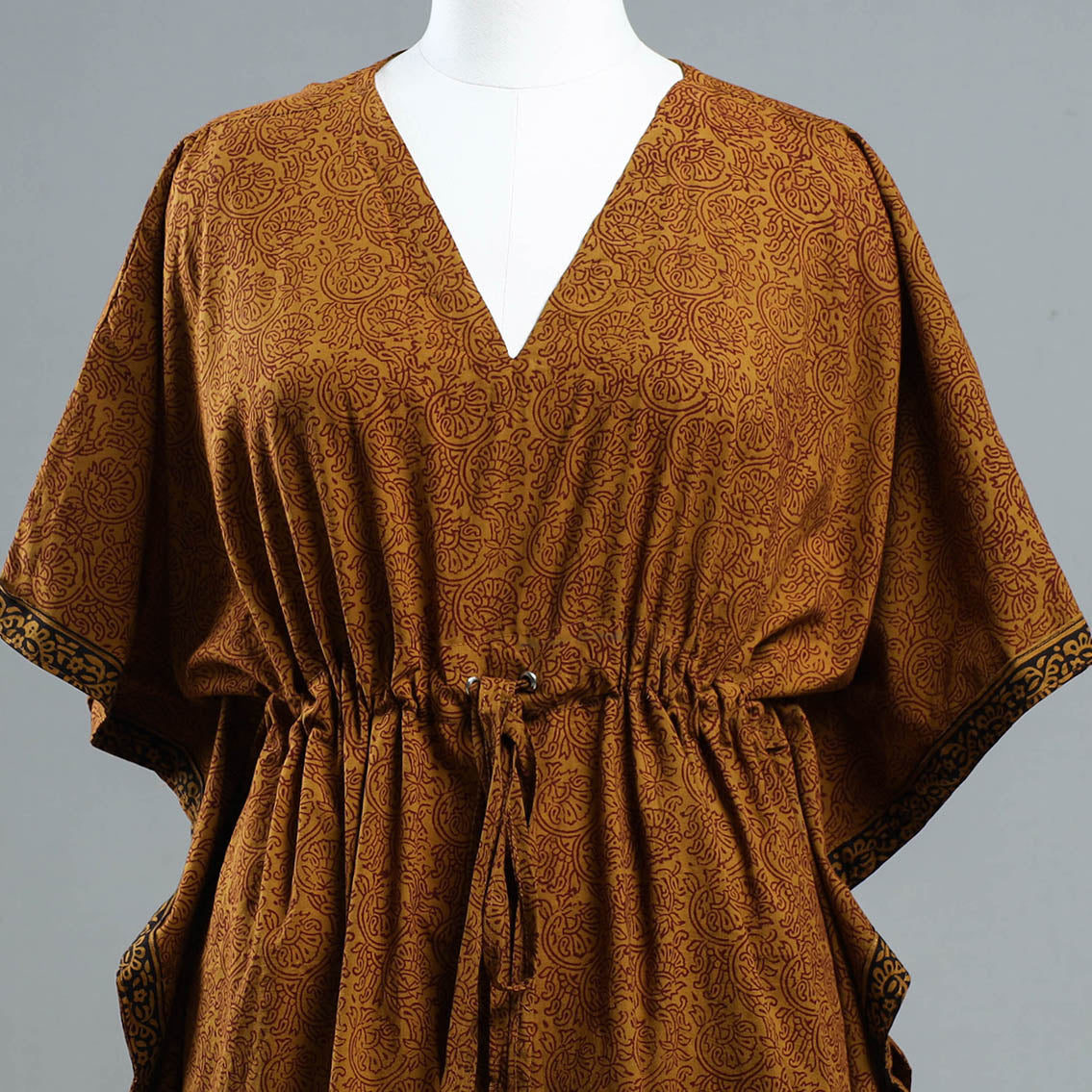 Brown - Bagh Block Printed Cotton Kaftan with Tie-Up Waist (Short)