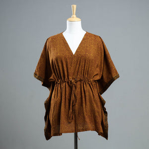 Brown - Bagh Block Printed Cotton Kaftan with Tie-Up Waist (Short)