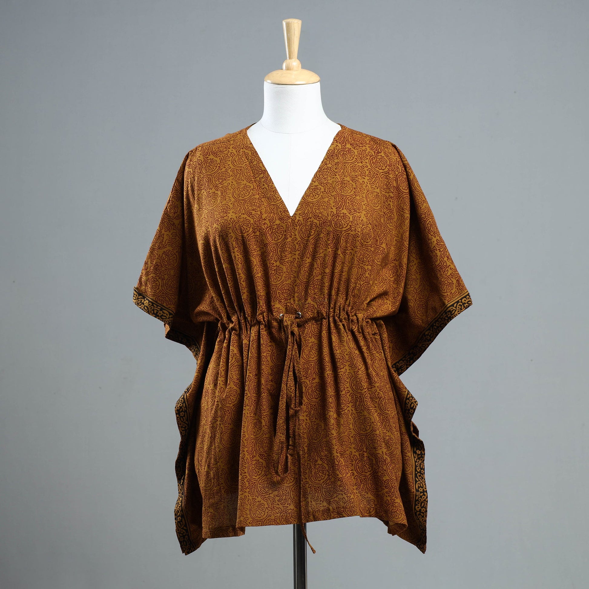 Brown - Bagh Block Printed Cotton Kaftan with Tie-Up Waist (Short)