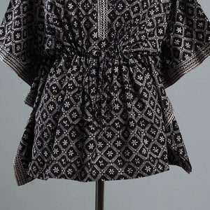 Black - Bagh Block Printed Cotton Kaftan with Tie-Up Waist (Short)