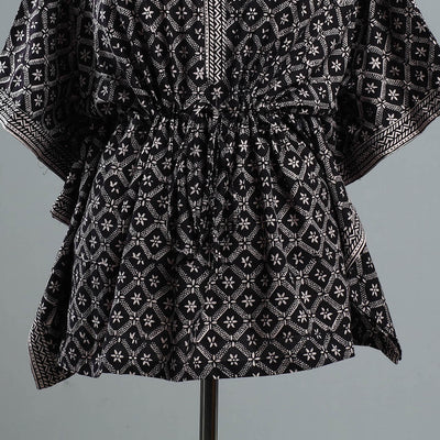 Black - Bagh Block Printed Cotton Kaftan with Tie-Up Waist (Short)