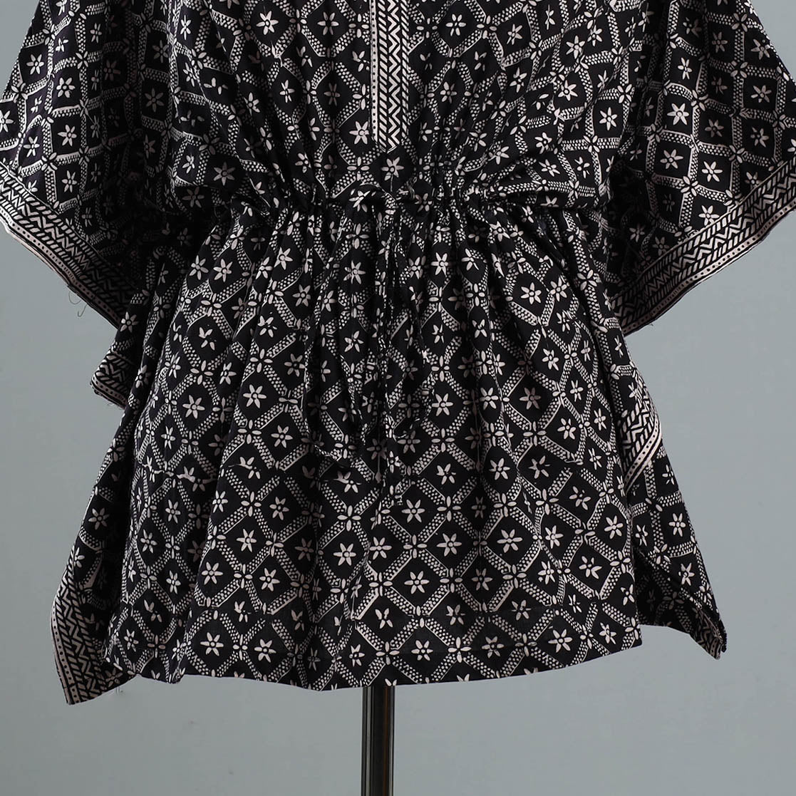 Black - Bagh Block Printed Cotton Kaftan with Tie-Up Waist (Short)